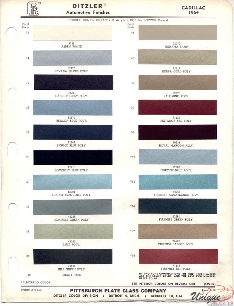 1964 Cadillac Paint Charts PPG 1